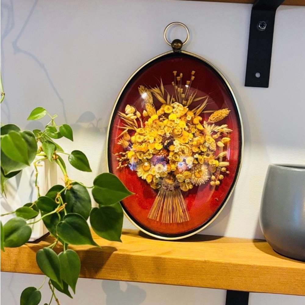 Vintage Belgian Floral Wall Art – Dried Flower Bouquet in Red Velvet Oval Frame
